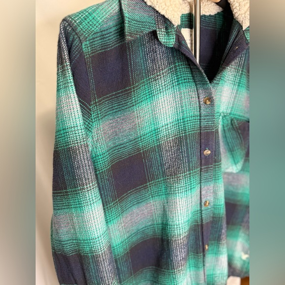 AE Vintage Boyfriend Sherpa Lined Hooded Flannel Jacket Green Plaid Size L - Picture 6 of 9